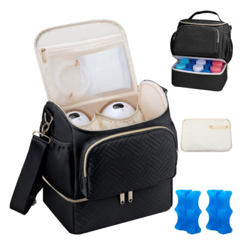 Wearable Breast Pump Bag with Cooler Compartment Compatible with Willow/Elvie/Medela/Momcozy M5/S12 Pro, Breast Milk Cooler Travel Bag with Ice Pack & Mat, Pumping Bag for Work, Black