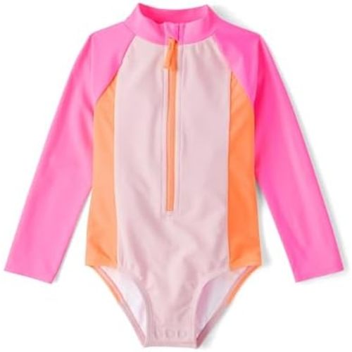 The Children's Place Baby Girls' and Toddler Long Sleeve Half Zip One Piece Rashgaurd Swimsuit