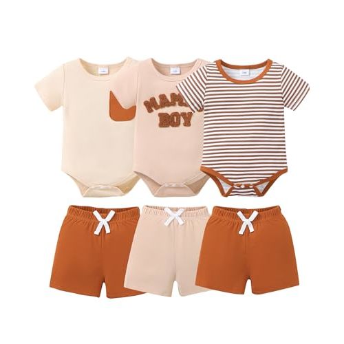 Jecson Newborn Boy Clothes Baby Boy Outfits Summer Set 6-Piece Cotton Short Sleeve Top and Shorts for 0-18M
