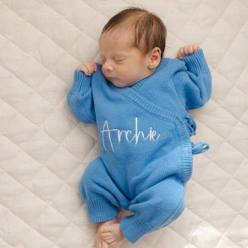 Personalized Baby Romper - Long Wrap Knit, Cornflower Blue | Organic Cotton – Sweet June
