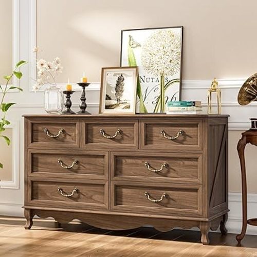 54" Wooden 7 Drawers Dresser for Bedroom, Farmhouse Mid Century Dresser with Wide Tabletop, Vintage Chest of Drawers with Solid Wood Leg and Curved Metal Handle, for Living Room, Hallway, Brown
