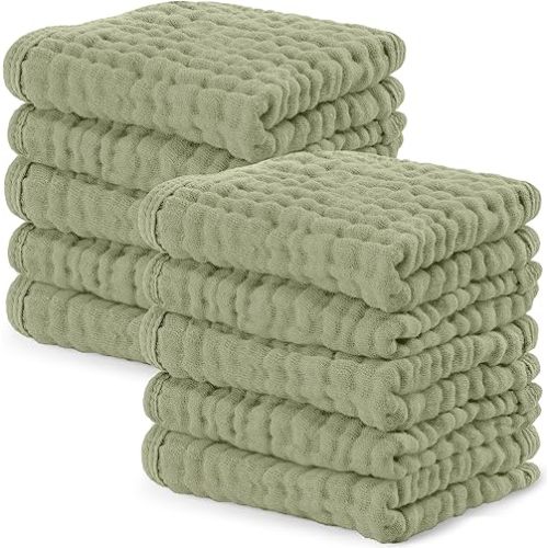 Comfy Cubs Muslin Baby Washcloths 10 Pack - Soft 6-Layer Cotton Wash Cloths for Sensitive Skin - 10"x10" Large, Gentle, Absorbent Infant Essentials for Newborn and Toddlers - Sage