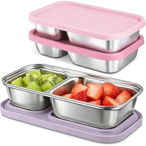 3 Pack Stainless Steel Snack Containers with Silicone Lids, 2-Compartment Snack Containers for Lunch, Office, Travel & Camping(Muted Lilac, Blush Pink, Dusty Rose)