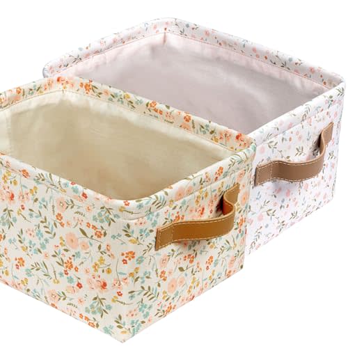 Fabric Storage Bins Cute for Nursery 8"x5.2"x10" - Collapsible Pink & Flower Kids Baskets with Handles 2 Pack, Hamper Fabric Bin, Toy Toddler Basket, Diaper Storage Bins, Baby Room Decor