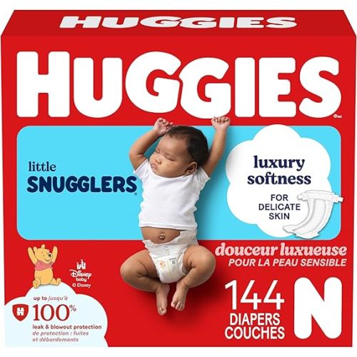 Huggies Newborn Diapers, Little Snugglers Newborn Diapers, Size 0 (up to 10 lbs), 144 Count | GentleAbsorb Liner, Curved Fit, Fragrance Free, Hypoallergenic, Disney Designs