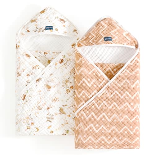 GRSSDER Ultra Soft Absorbent Muslin Cotton Baby Hooded Towel 2 Pack with Original Patterns, Extra Large Size 35"x 35" Swaddle Wrap for Newborn Infant and Toddler