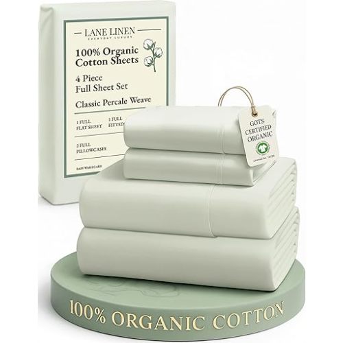 LANE LINEN 100% Organic Cotton Eco Friendly Full Size Sheet & Pillowcase Sets, Fully Elasticized Soft & Comfy Percale Bedding, Naturally Temperature Regulating Cotton Sheets Full- Mineral