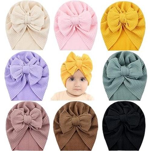 inSowni 8 Pieces Soft Stretchy Baby Turban Hats with Kontted Big Bow Newborn Nursery Hospital Caps Bonnets Beanies Headwraps for Baby Girls Boys Infants Toddlers