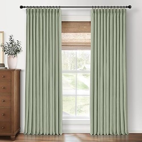 CAPALOCA Pinch Pleated Curtains Blackout, Linen Blackout Curtains 102 inches Long 2 Panels Set for Bedroom, Thermal Insulated Pinch Pleated Drapes for Living Room, 40"W x 102"L (Pack of 2), Light Sage
