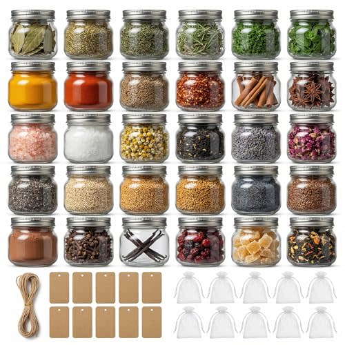 8 oz Mason Jars with Airtight Silver Lids - 30 Pack Small Glass Jars Set with Labels, Twine & Mesh Bags - Wide Mouth Canning Jars for Party Favors, Baby Shower, Wedding & Bulk Crafts