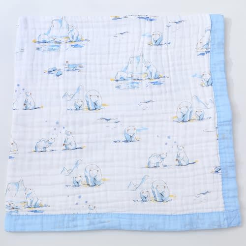 Baby Muslin Blankets 42' x 42', Soft Cotton Blanket for Toddler Boy, 4 Layers Bed Muslin Throw for Crib, Large Receiving Blanket - Blue Polar Bear