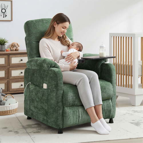 Power Recliner Chair, Nursery Recliner Chair with Swivel Tray Table & Cup Holder, Modern Chenille Fabric Electric Recliner with Side Pocket & Remote for Living Room Small Space, Dark Green
