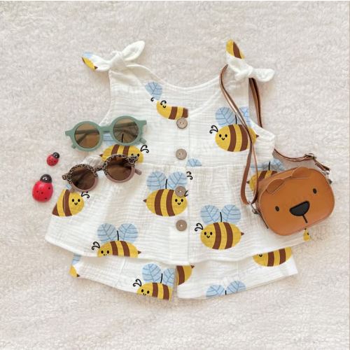 Baby Girl Bee Print Suspenders 2-piece Set