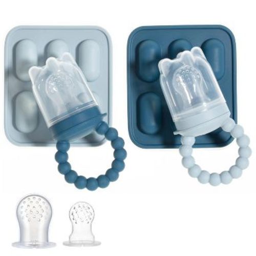 Silicone Baby Fruit Feeders with Freezer Tray for Batch Prep, Set of 2 Safe & Convenient Includes Extra Pouches & Travel Lids, Dishwasher Safe, Blue