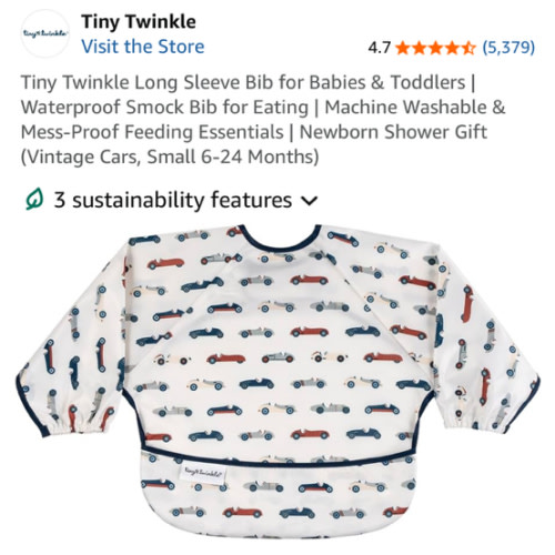 Tiny Twinkle Long Sleeve Bib for Babies & Toddlers | Waterproof Smock Bib for Eating | Machine Washable & Mess-Proof Feeding Essentials | Newborn Shower Gift (Vintage Cars, Small 6-24 Months)