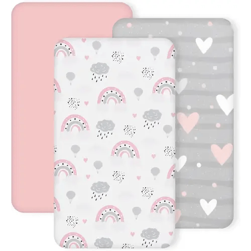 3 Pack Stretchy Bassinet Sheets - Universal Fit for Rectangle, Round, Oval, Hourglass Cradles & Moses Baskets - Soft Breathable Fitted Bassinet Sheets Set for Baby - Pink & Grey Heart