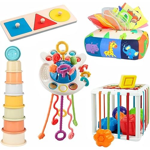 OundarM 5 in 1 Montessori Sensory Toys for Baby Toddlers Pull String Activity Toy Stacking Cups Shape Sorter Cube Animals Tissue Box Wooden Geometric Shape Puzzles Educational Toys for 1 2 3 Years Old