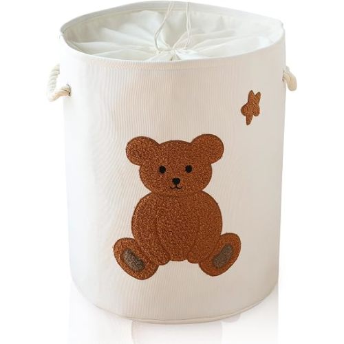 Large Laundry Basket Teddy Bear Hamper for Dirty Clothes, 58L Baby Hamper for Boys, Kids Toys Blanket Storage Basket Toy Organizer Canvas Laundry Hampers with Lid, Nursery Home Decor, Bear