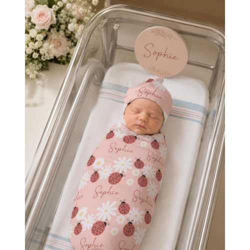 Personalized Baby Girl Swaddle Ladybug Nursery Newborn Name Blanket