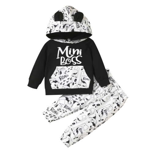 Baby Toddler Boy Hooded Pants Outfits Set 6 12 18 24 Months Cartoon Ear Decoration Letter Printing Big Pocket Sweater + High Waist Trouser Suit