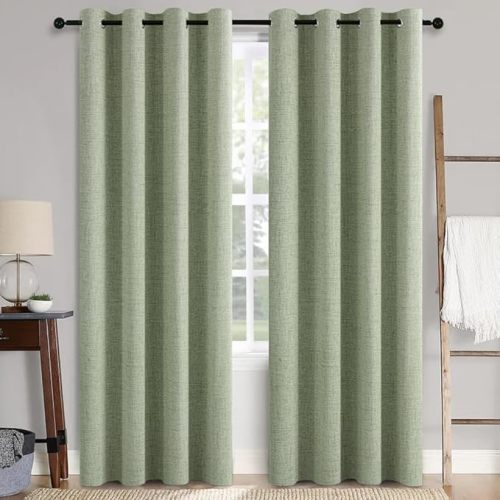 MIULEE 100% Blackout Linen Curtains for Bedroom Thermal Insulated Grommet Room Darkening Curtains & Drapes for Living Room Nursery, Sage Green, 52W x 84L inch (2 Panels)