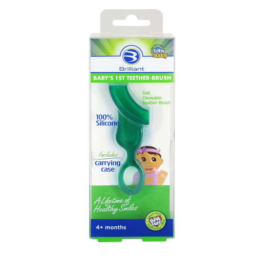 Brilliant Unisex Infant Baby's 1st Toothbrush & Teether with Case, Silicone, No BPA, Green, 1-Pack