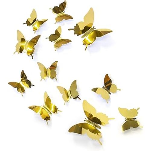 Butterfly Wall Decal Room Decor, Gold Butterfly Wall Decor 24 pcs, Party Decor, Wedding Decoration, Aesthetic Butterflies Stickers for Bedroom