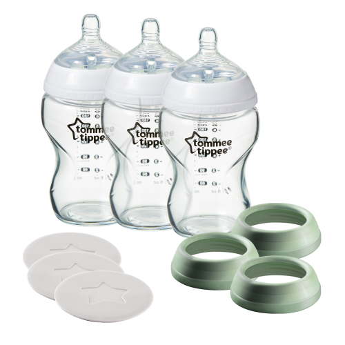 Tommee Tippee Newborn Set - Closer to Nature 3 in 1 Glass Baby Bottles with Anti-Colic Valve, 9oz, 3 Count