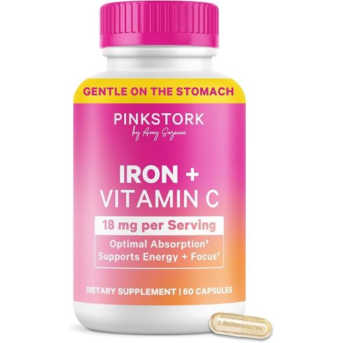 Pink Stork Iron for Women – 18 mg Non-Constipating Iron Bisglycinate + Vitamin C for Optimal Absorption – Energy, Focus, & Oxygen Supply – PMS, Pregnancy, Postpartum & Perimenopause - 60 Capsules