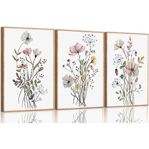 3Pcs Watercolor Wildflower Canvas Wall Art Modern Minimalist Colorful Botanical Floral Painting Pictures Wall Decor Flower Posters Print Artwork for Living Room Bedroom Home Decoration Unframed