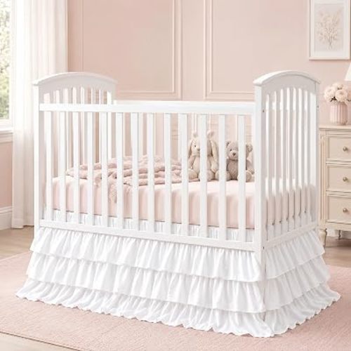 Hahafelt White Crib Skirt for Baby Girls Boys, 100% Washed Cotton Bed Skirt