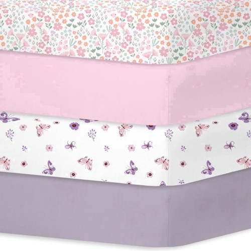 Little Grape Land Crib Sheets for Baby Girls 4 Pack, 28"x 52" Extra Soft Microfiber Crib Sheet Set for Standard Crib & Toddler Mattress Pad, Tiny Petals & Pink & Butterfly & greyish purple