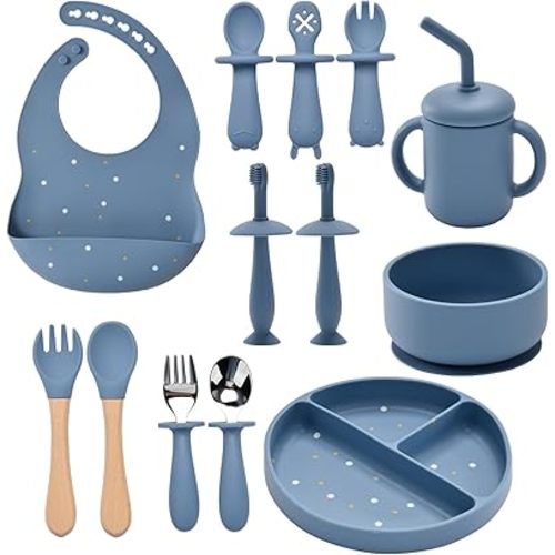 Silicone Baby Feeding Set,13PCS Feeding Essentials with Suction Bowl and Plate,Spoons & Forks,Bib & Cup, Toothbrush,Baby Led Weaning Supplies for 6+ Months - Lake Blue
