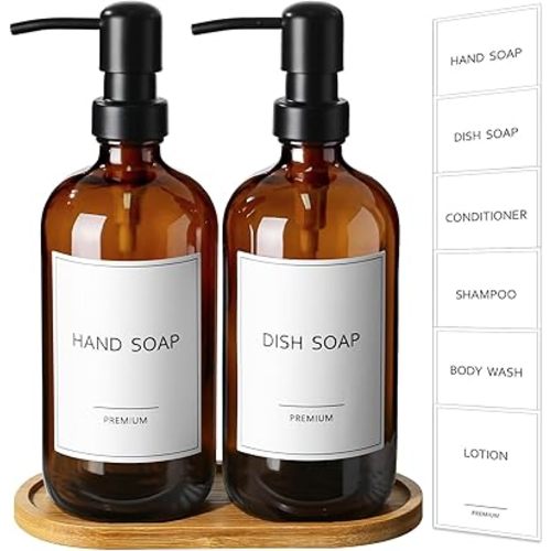 GMISUN Amber Glass Soap Dispenser, 2 Pack Bathroom Hand Soap Dispensers with Bamboo Tray, 17 Fl Oz Kitchen Hand and Dish Soap Dispenser Set, Modern Vintage Liquid Brown Soap Dispensers Bottle