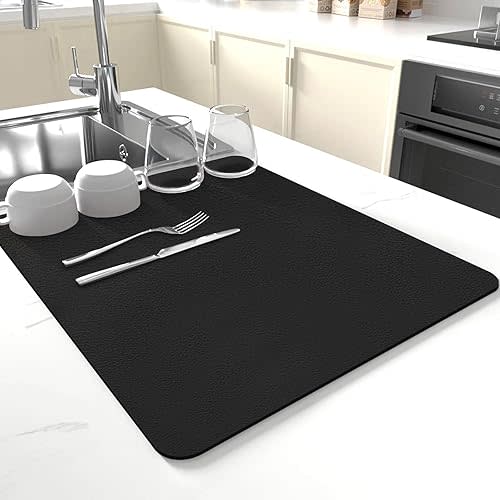 Dish Drying Mat for Kitchen Counter,Drying Mat for Dish Rack,Absorbent Hide Stain Rubber Mat,Coffee Mat, Kitchen Counter Mat (Black, 12"x19")