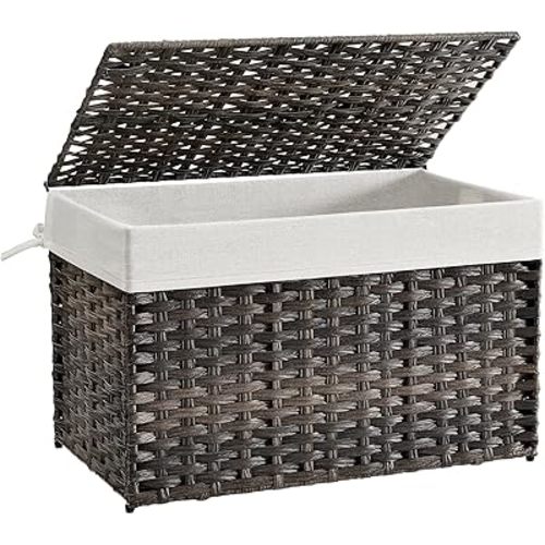 SONGMICS Storage Basket with Lid, Woven Blanket Storage Bin with Handles, Foldable, Removable Liner, Metal Frame, for Bedroom, Laundry Room, 27.7 Gallons (105 L), Brown URST066K01