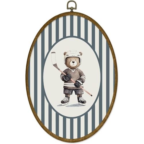 ODFGBDS Hockey Bear Nursery Oval Wall Art Decor, Vintage Sports Canvas Wall Art Framed, Hockey Bear Blue Striped Oval Hanging Decorations for Kids Boys Room Bedroom Playroom Home Decor, 8.6x11.4 Inch