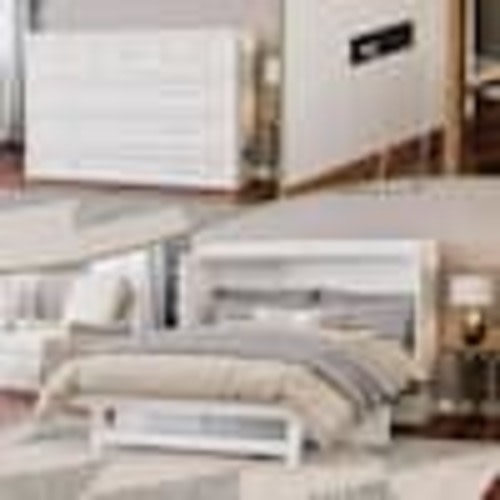 AFI Northfield White Solid Wood Frame Queen Murphy Bed Chest with Mattress and Built in Charging Station AC574142