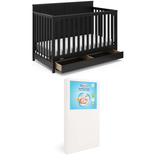 Graco Hadley 5-in-1 Convertible Crib with Drawer and Premium Crib & Toddler Mattress Bundle, Black