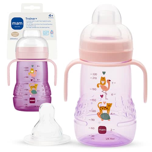 MAM Trainer Sippy Cup for Toddlers 1-3, 8 oz. Transition Drinking Cup with Extra-Soft Spout, Spill-Free Nipple, and Non-Slip Handles, for Girls 4+ Months, 1 Count