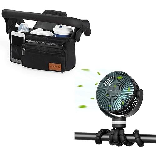 Momcozy Universal Stroller Organizer with Insulated Cup Holder Portable Stroller Fan, 27H Ultra-long Battery Life, Detachable 4 Speed 360°Rotate, LED Night Light with 2 Modes