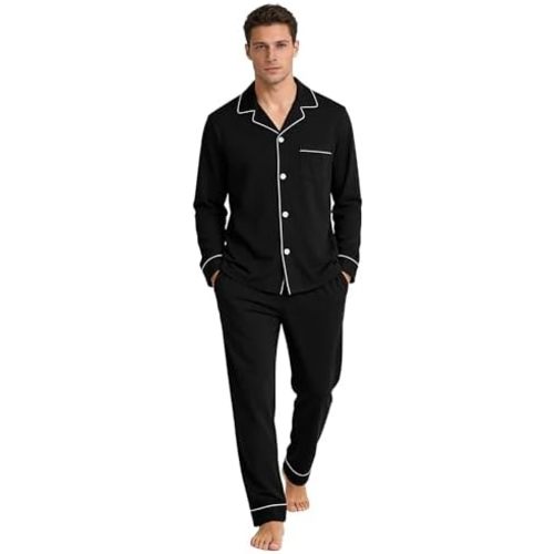 U2SKIIN Mens Cotton Pajama Set, Soft Long Sleeve Pajamas for men Lightweight Button Up Sleepwear Lounge Pjs Set with Pockets