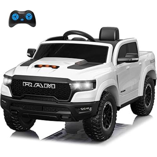 Licensed RAM 1500 12V Kids Ride on Truck, Electric Car with Remote Control, RAM Truck for Kids with Real Key Start & Gear Shifter, Bluetooth Music, Back Storage (White)