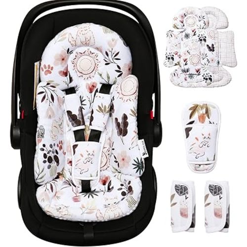 Infant Insert, Enlarged Head Support for Baby, Reversible Newborn Insert with 3 Strap Covers, 2-in-1 Baby Cushion for Stroller, Swing, Bouncer, Rocker - Yellow Cat