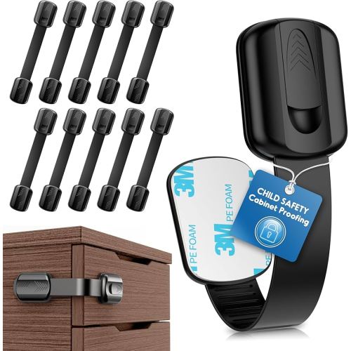 10 Pack Cabinet Locks Baby Proofing, SOGUDE Child Proof Cabinet Locks with 3M Adhesive Child Safety Locks for Refrigerator, Doors, Drawer Locks No Drilling, Cabinet Locks for Babies- Black