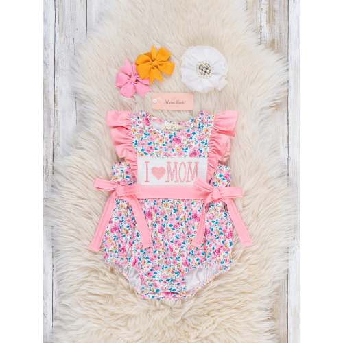 Coral Floral "I Love Mom" Smocked Bubble Romper