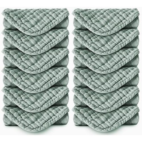 Muslin Burp Cloths 100% Cotton Large 20''x10'' Extra Soft and Absorbent Baby Wash Cloths Spit Up Rags - Baby Burping Cloth for Boys Girls Items(12 Pack Green)