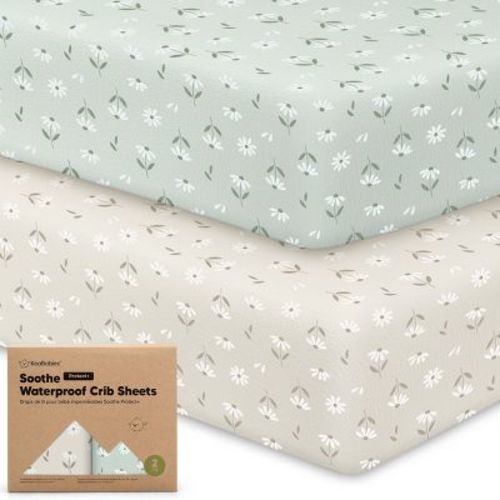KeaBabies 2pk Soothe Waterproof Fitted Crib Sheets for Girl, Boy, 52x28 100% Organic Soft Cotton Crib Mattress Protector Sheet (Daisies)