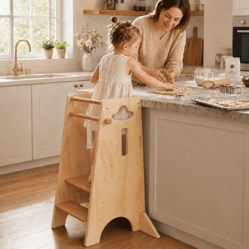 Cosyland Wooden Toddler Standing Stool, 3 Levels Height Adjustable Kitchen Step Stool for Kids, Stable Kids Stool with 4 Support Blocks