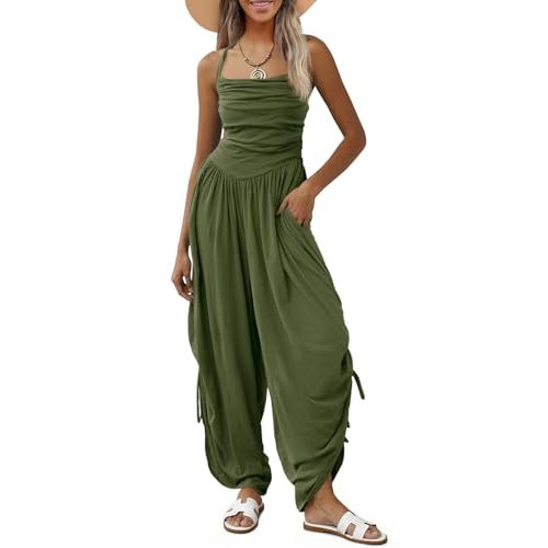 Fisoew Womens Casual Jumpsuits Summer Halter Straps Sleeveless Overalls Ruched Barrel Wide Leg Side-Cinch Long Pant Rompers